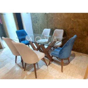 Table verre avec 6 chaises beige-bleu