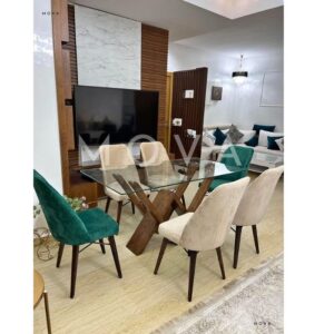 Table verre avec 6 chaises beige-bleu